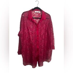 Vintage Victoria's Secret Gold Label Red Lace Long Sleeve Sleep Shirt Size M/L